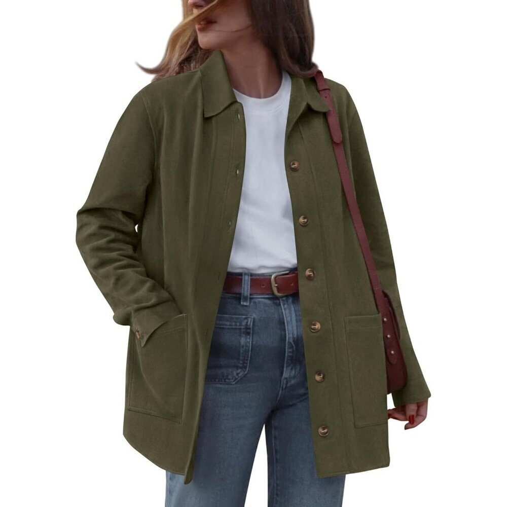 Women's Faux Leather Long Sleeve Green Button Down Jackets Coats Outerwear